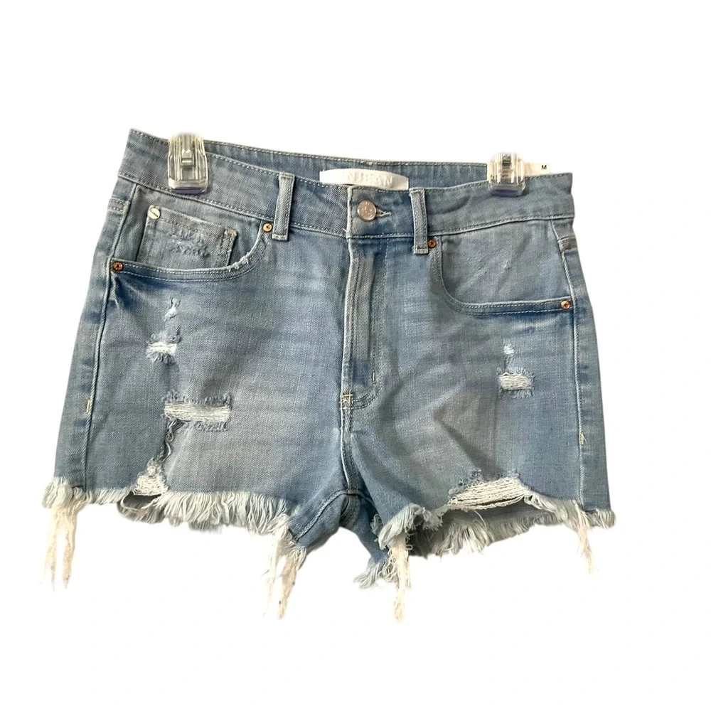Enjean Womens High‎ Rise Distressed Denim Shorts Light Wash Frayed Hem Size M